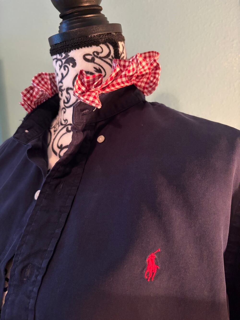 Ralph Lauren Classic Fit M Navy Button Down Shirt Red Gingham Ruffle Upcycled
